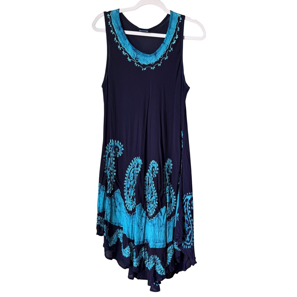 Advance Apparels Navy Blue Batik Paisley Midi Dress Boho Hippie One Size M/L